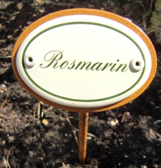 Kräuterstecker Rosmarin mit Emaille-Schild 6x4cm, Erdspieß 25 cm
